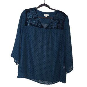 Blue Polka Dot Sheer Blouse With Velvet & Embroidered Floral Accents 3/4 Sleeves